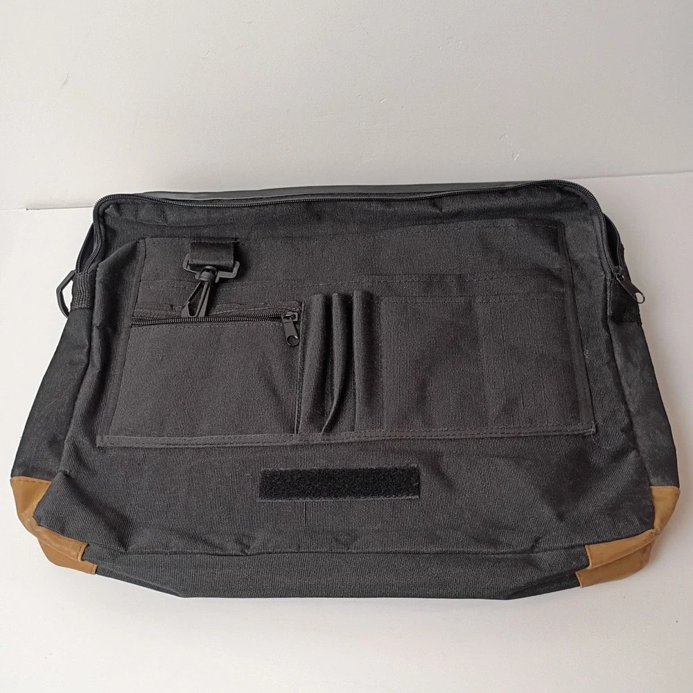 Black Brown Canvas Messenger Bag for 15 in Laptop, Inner Pockets - No Strap